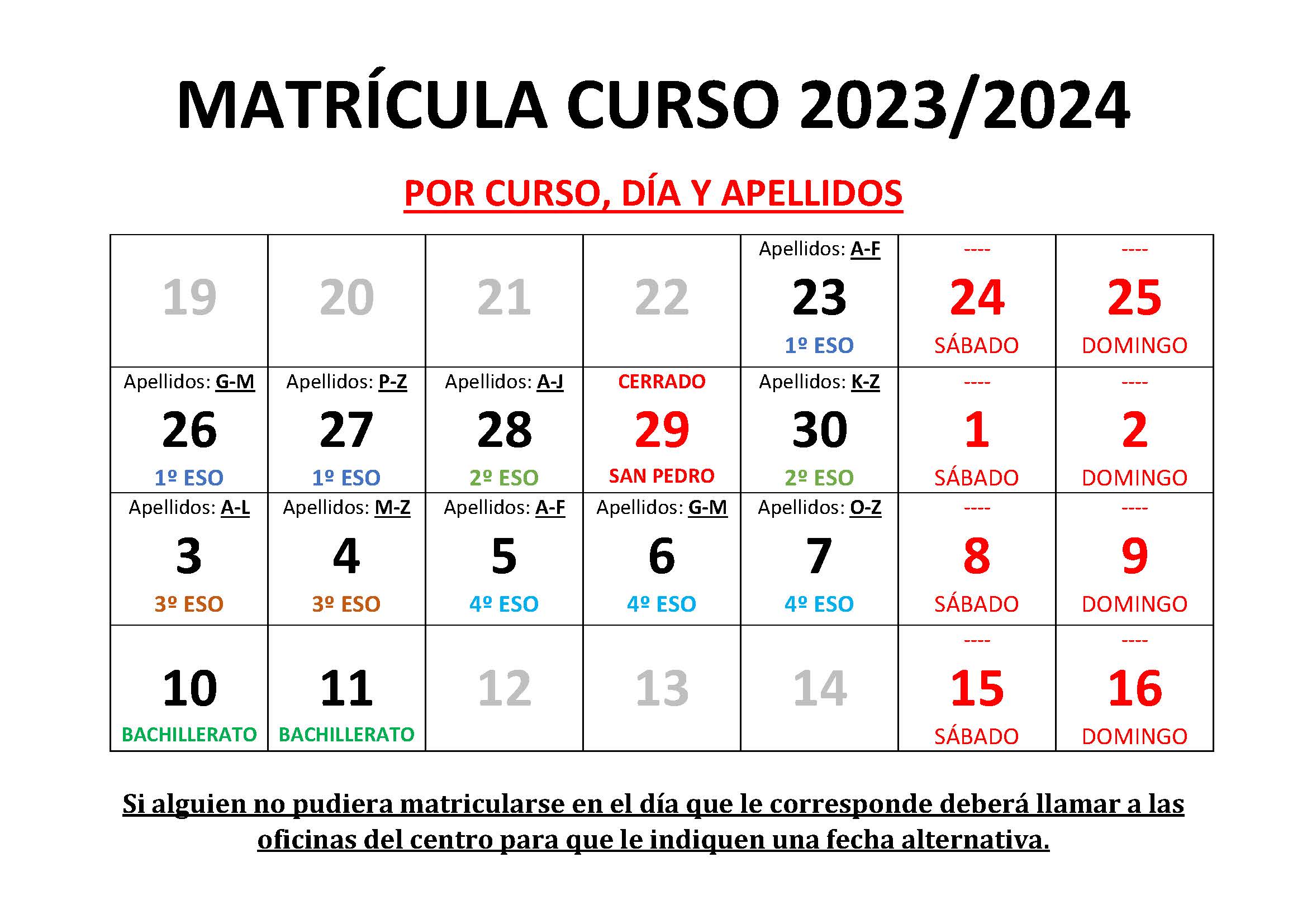 Calendario matrícula 2023-2024